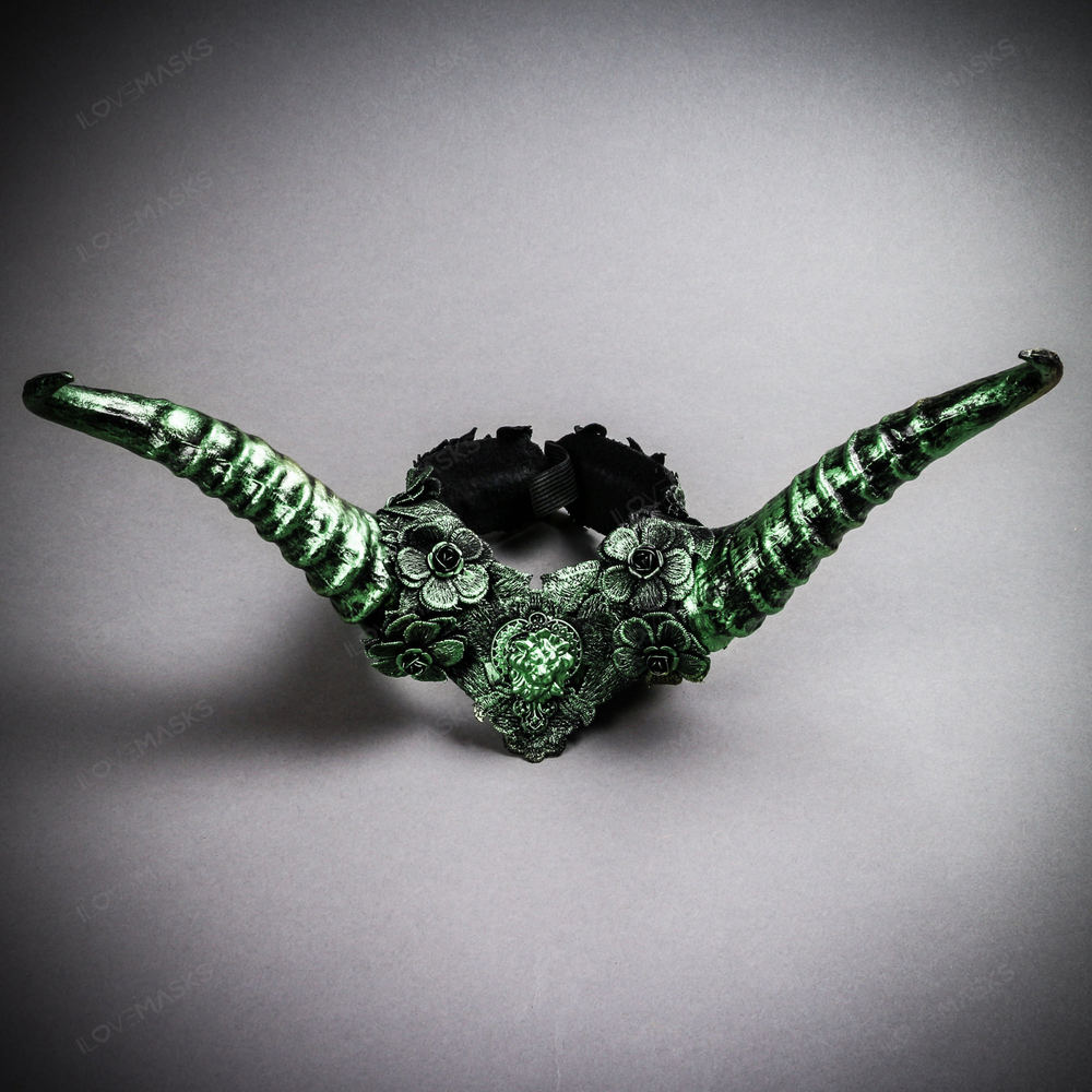 Gothic Demon Long Horn with Lace Head Piece - Black Green